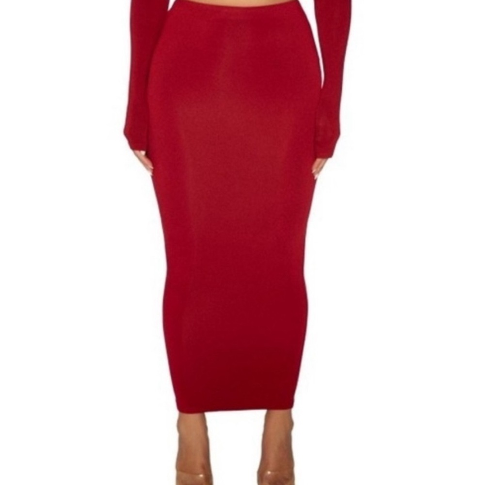 NWOT Naked Wardrobe Red Solid Hourglass Pencil Midi Skirt
